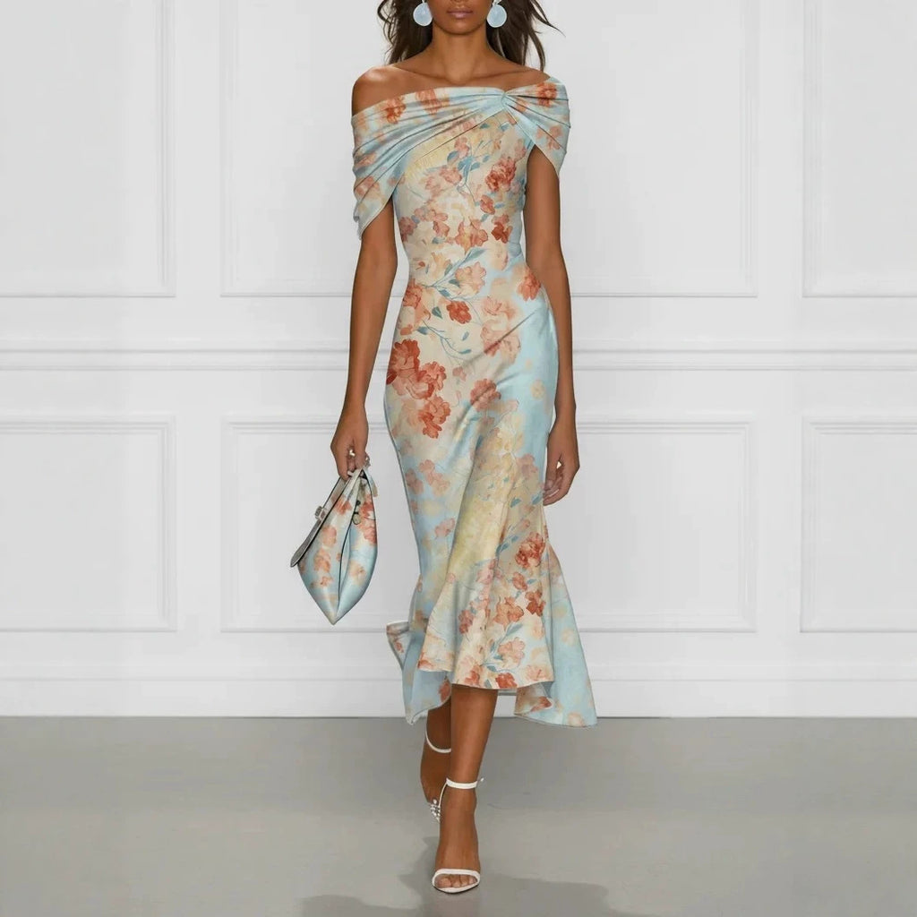 Digital Print Off-Shoulder Short Sleeve Floral Elegant Long Dress