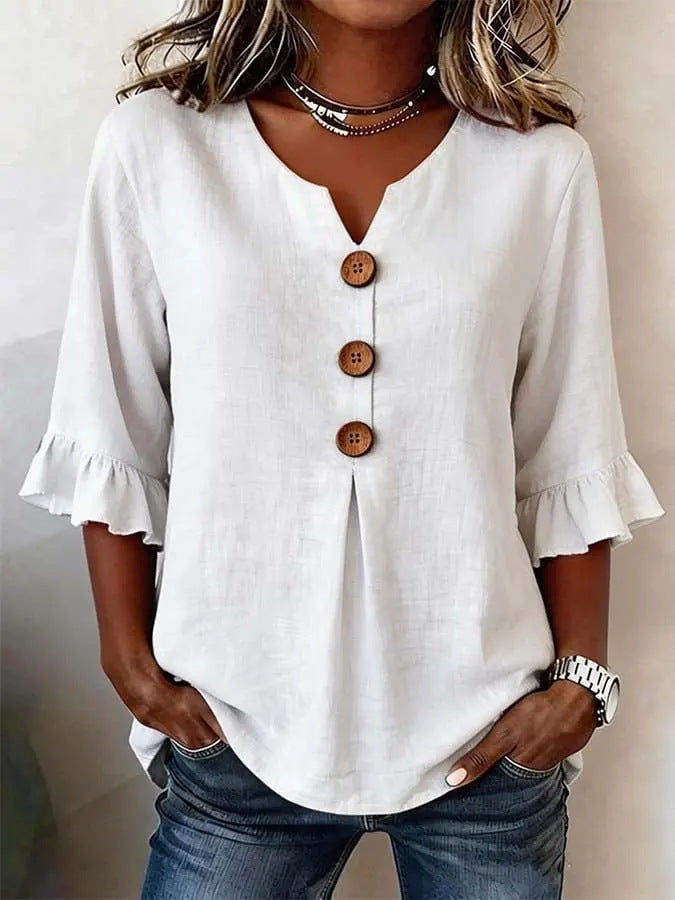Fashionable Cotton Linen V-Neck Button-Up Blouse for Women Summer Casual Top