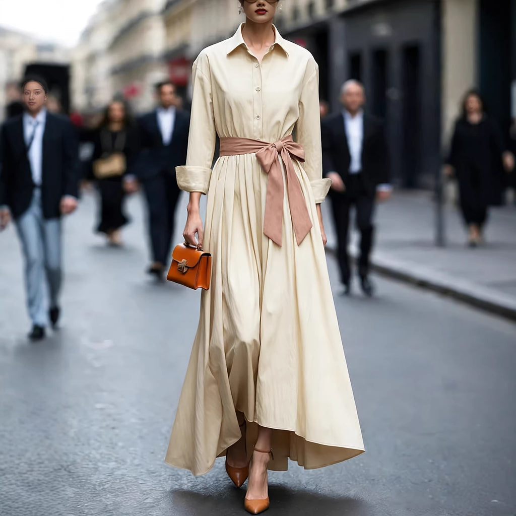 Long sleeved shirt collar solid color long skirt dress