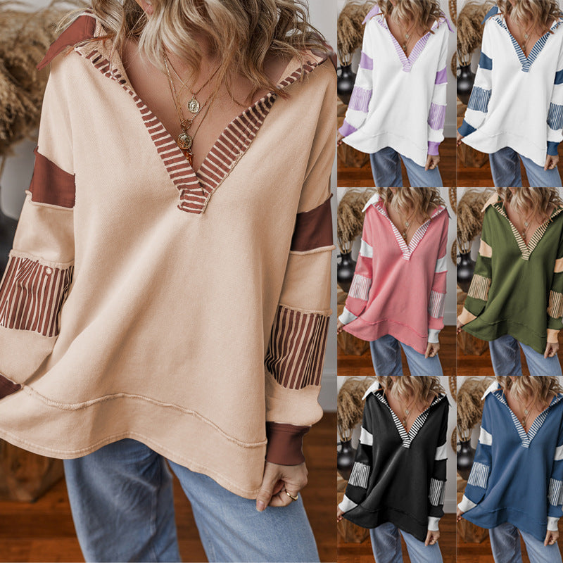 Casual Versatile Deep V-Neck Long Sleeve Loose Sweatshirt Top with Stripe Color Block Design
