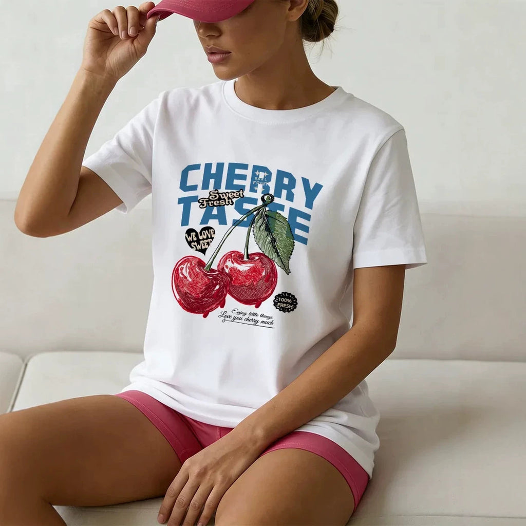 Cherry letter printed pure cotton T-shirt