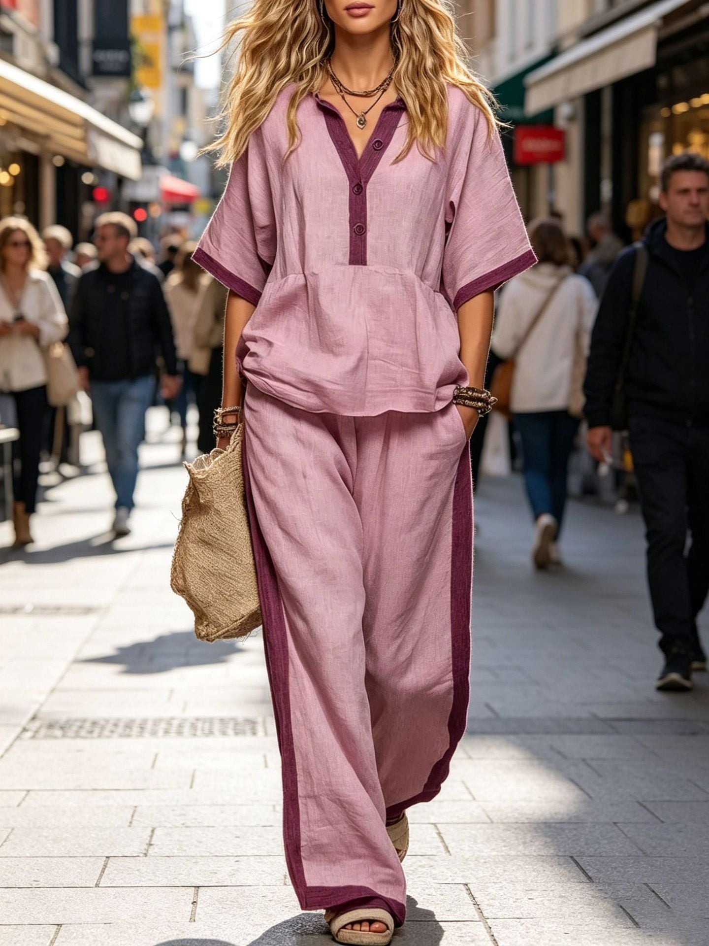 Casual Loose Solid Color Top with V-Neck and Three-Quarter Sleeves  Elastic Waist Loose Wide-Leg Pants Solid Color Set for Women