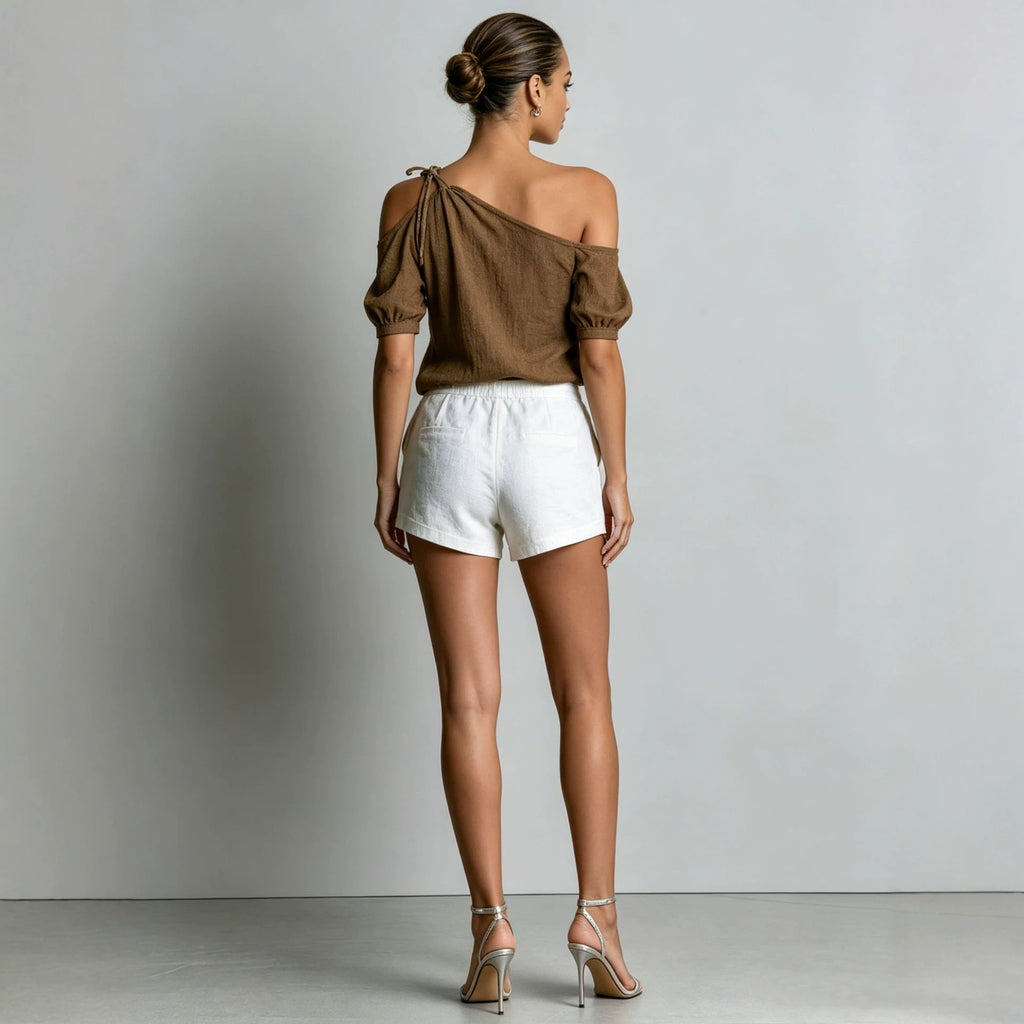 Chic Shoulder-Baring Short Sleeve Women's Casual Brown Linen-Cotton Blended Top