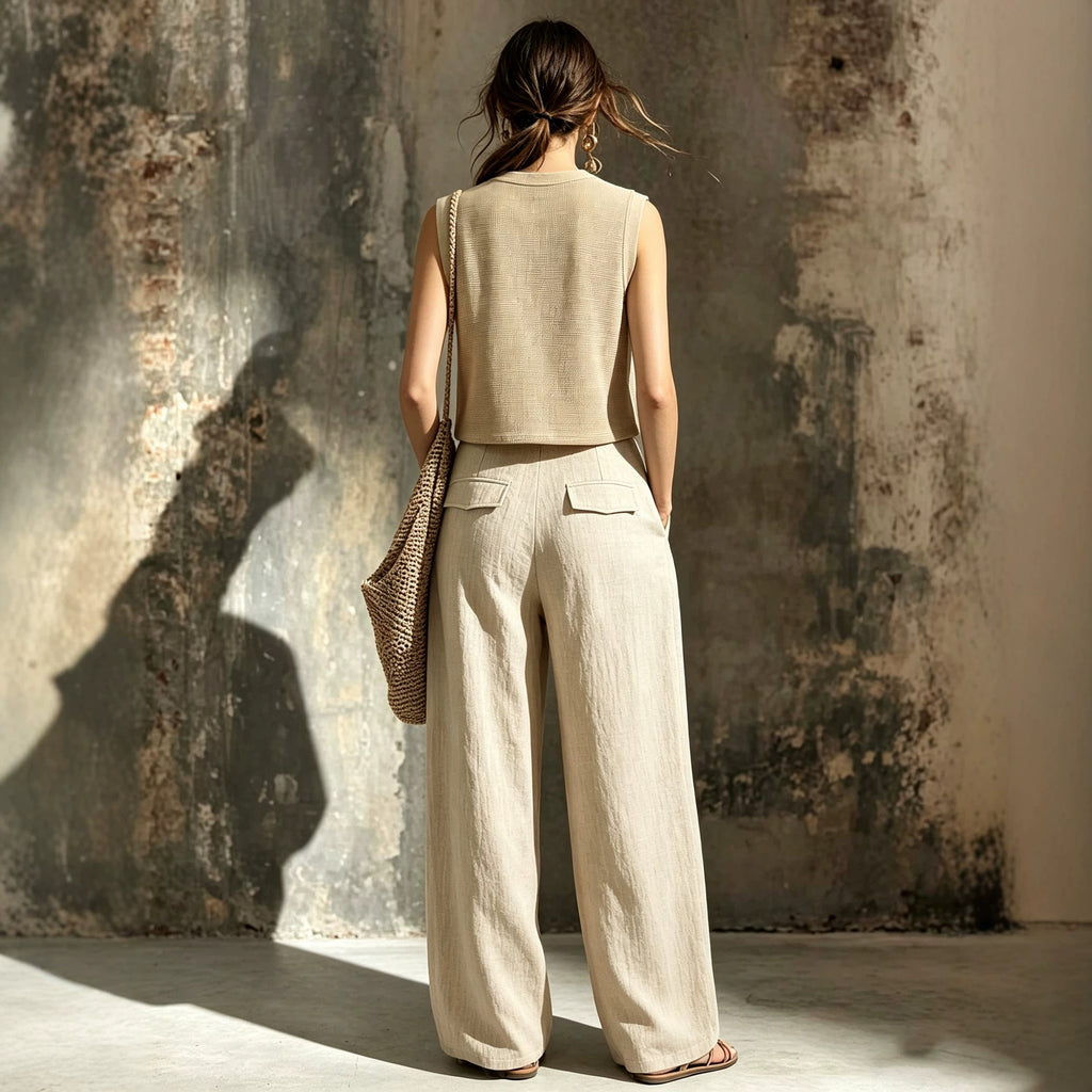 Khaki linen casual two-piece short knitted vest pocket wide leg pants set