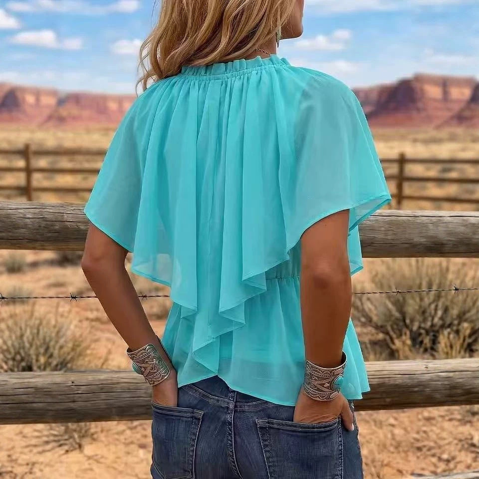Style Cross V-Neck Pleated Ruffle Flare Sleeve Chiffon Top with Waist-Cinching Irregular Hem Slim Fit Blouse