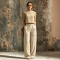 Khaki linen casual two-piece short knitted vest pocket wide leg pants set