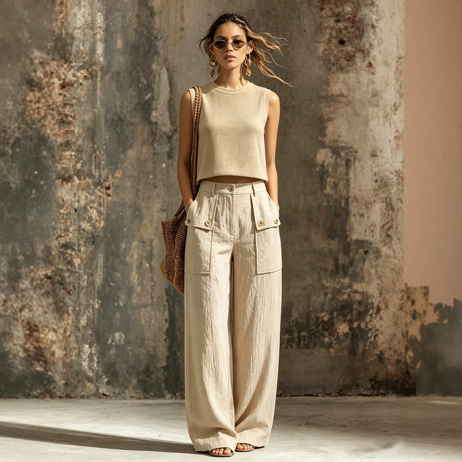 Khaki linen casual two-piece short knitted vest pocket wide leg pants set