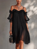 Sexy Sheer Lace Spliced Strap Solid Color Backless Dress