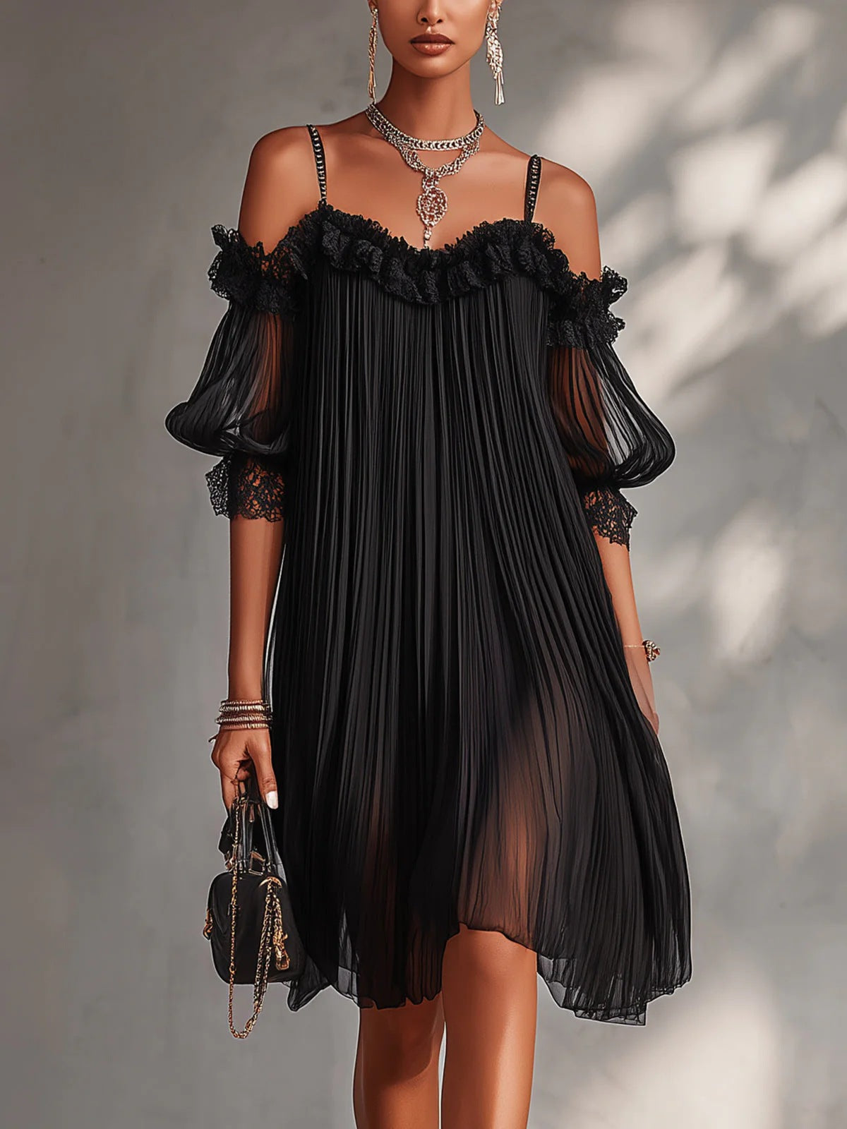 Sexy Sheer Lace Spliced Strap Solid Color Backless Dress