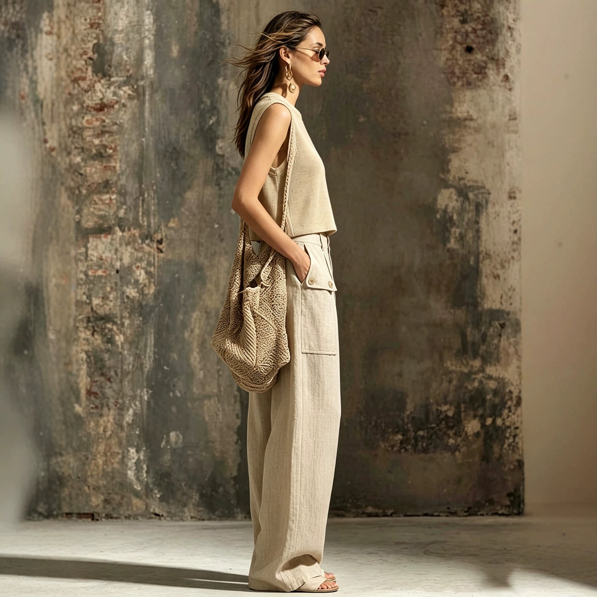 Khaki linen casual two-piece short knitted vest pocket wide leg pants set