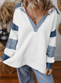 Casual Versatile Deep V-Neck Long Sleeve Loose Sweatshirt Top with Stripe Color Block Design