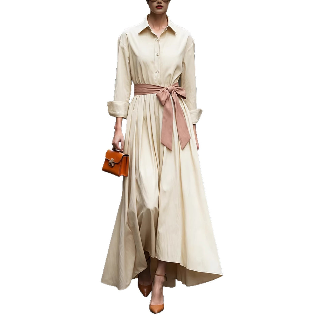 Long sleeved shirt collar solid color long skirt dress