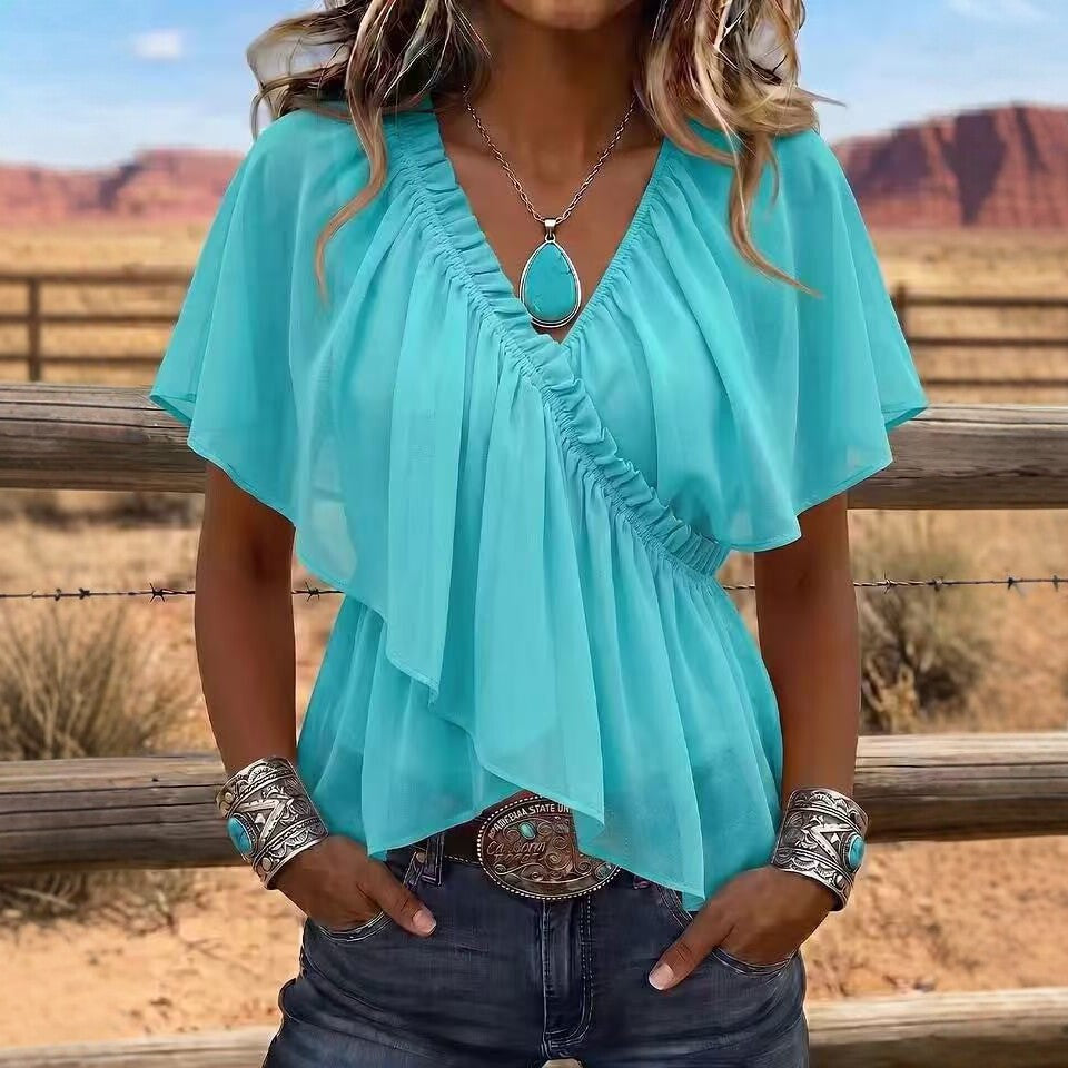 Style Cross V-Neck Pleated Ruffle Flare Sleeve Chiffon Top with Waist-Cinching Irregular Hem Slim Fit Blouse