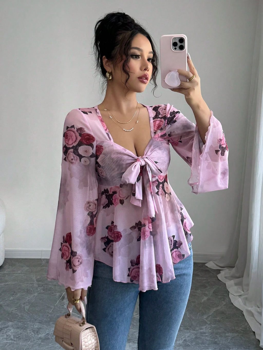 Sweet Floral Ombre Tie-Back Square Neck Long Sleeve Blouse