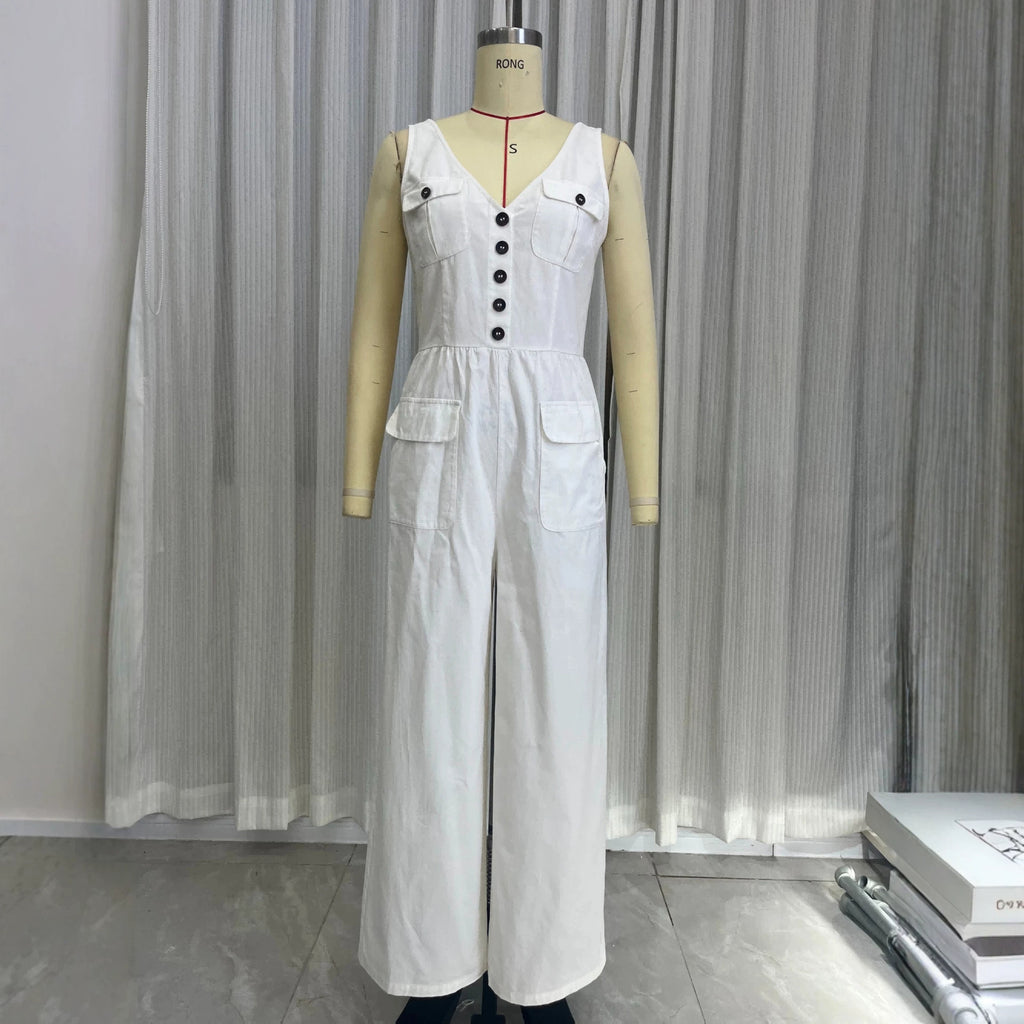 Summer pocket V-neck vest high waisted jumpsuit for women