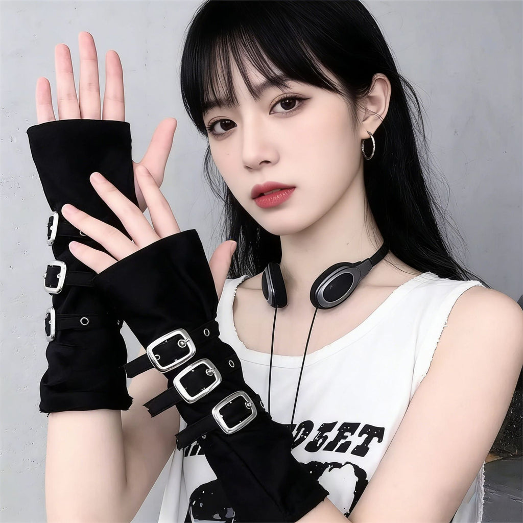 Halloween Millennial Punk Sleeveless Gloves for Women, Black Half-Finger Cut-Off Gloves with Metal Buckle, Dark Gothic Style, Sun Protection, Cosplay Arm Sleeves
