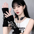 Halloween Millennial Punk Sleeveless Gloves for Women, Black Half-Finger Cut-Off Gloves with Metal Buckle, Dark Gothic Style, Sun Protection, Cosplay Arm Sleeves