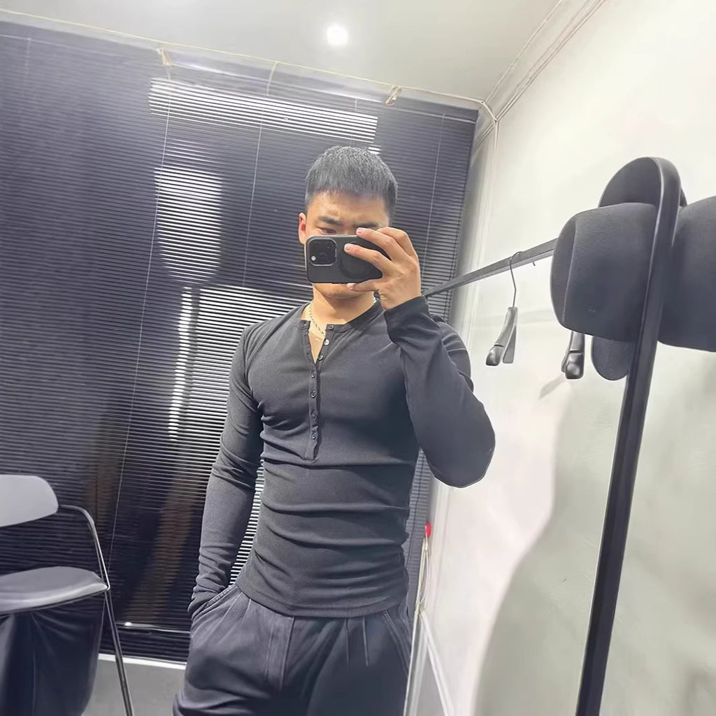 Sexy Fit Stretchy Henley Shirt for Muscular Men, Lightweight Semi-Transparent Long Sleeve Cover-Up with Half-Open Collar and Buttoned Design
