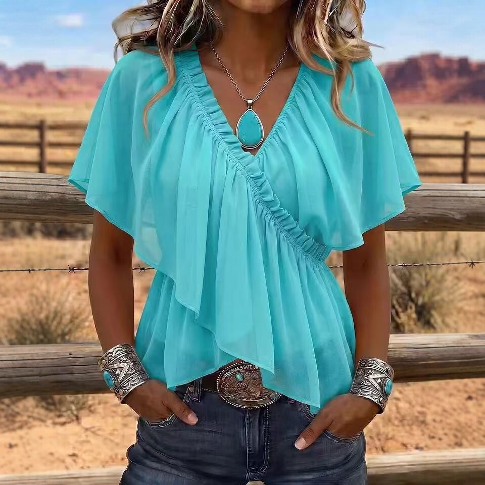 Style Cross V-Neck Pleated Ruffle Flare Sleeve Chiffon Top with Waist-Cinching Irregular Hem Slim Fit Blouse