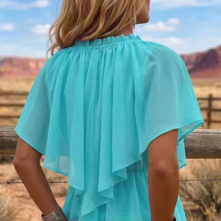Style Cross V-Neck Pleated Ruffle Flare Sleeve Chiffon Top with Waist-Cinching Irregular Hem Slim Fit Blouse
