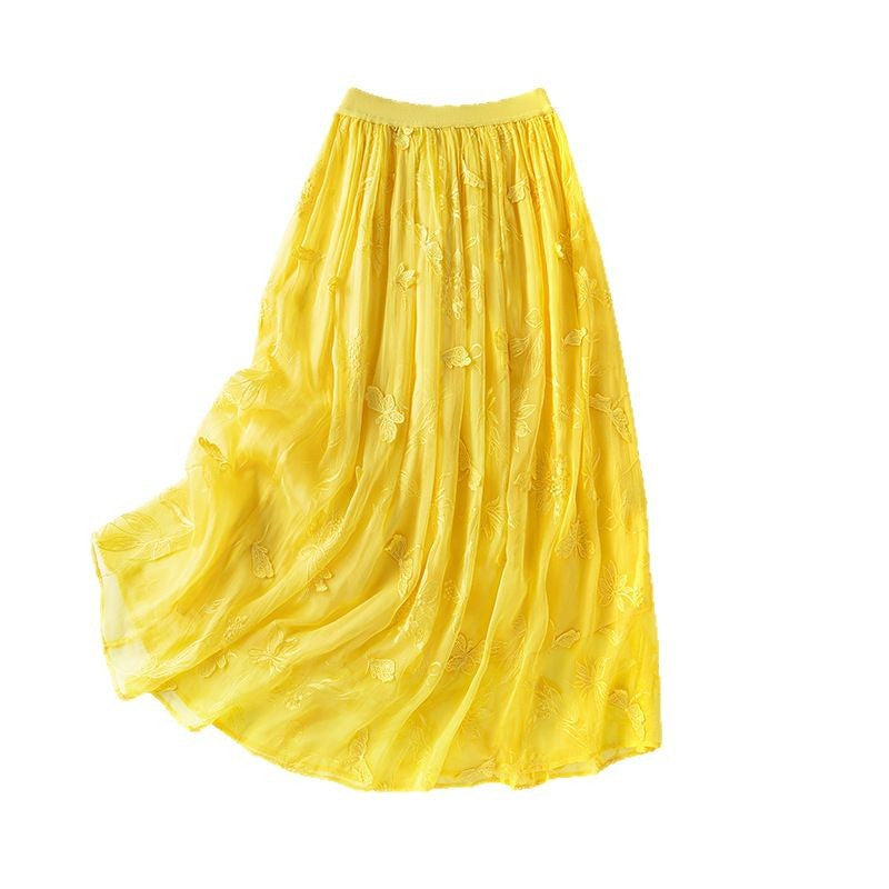 Embroidered Silk Patchwork High-Waisted Flared Yellow Midi Skirt