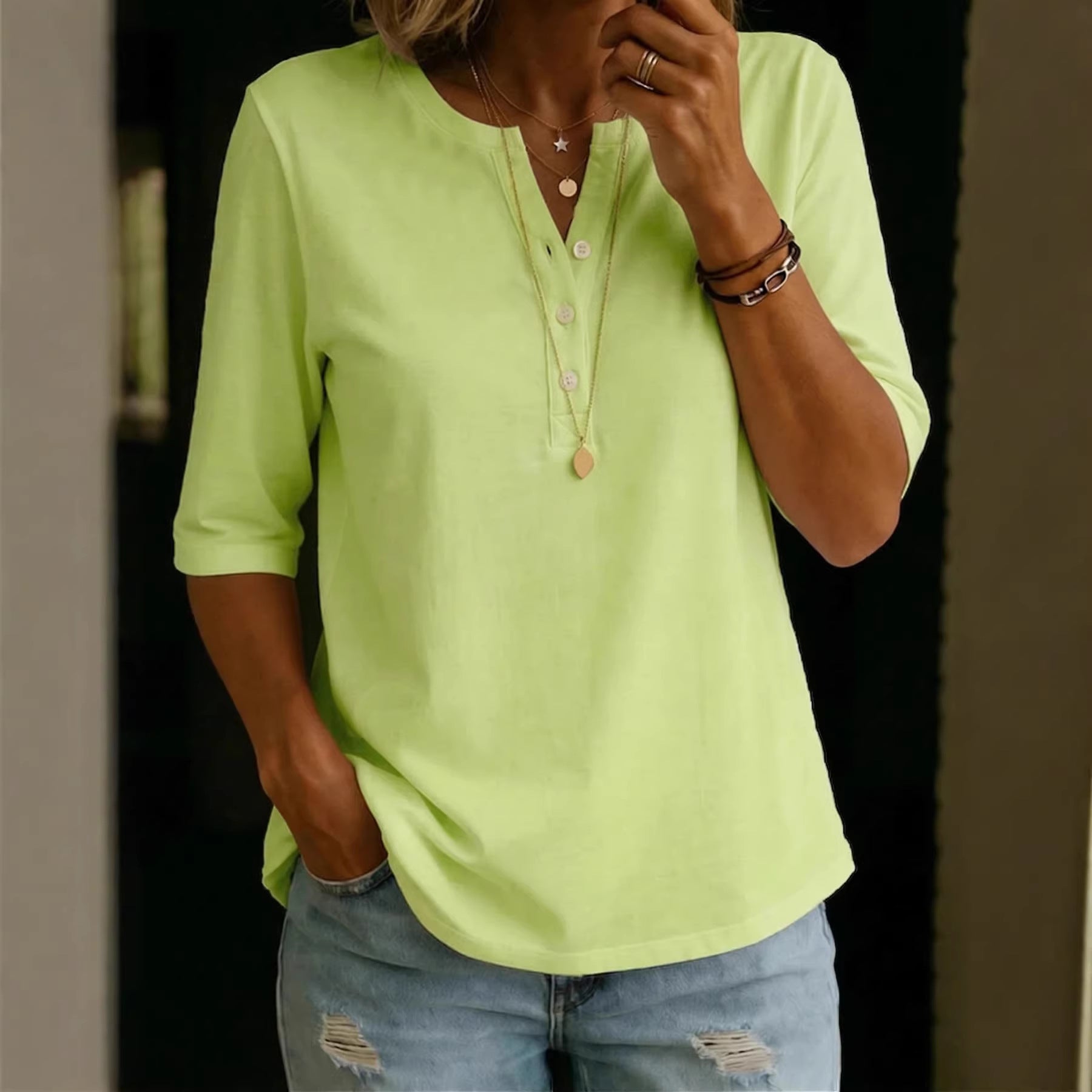 Classic Henley Neck Style Spring Summer New Women's Solid Color Button-Up Top