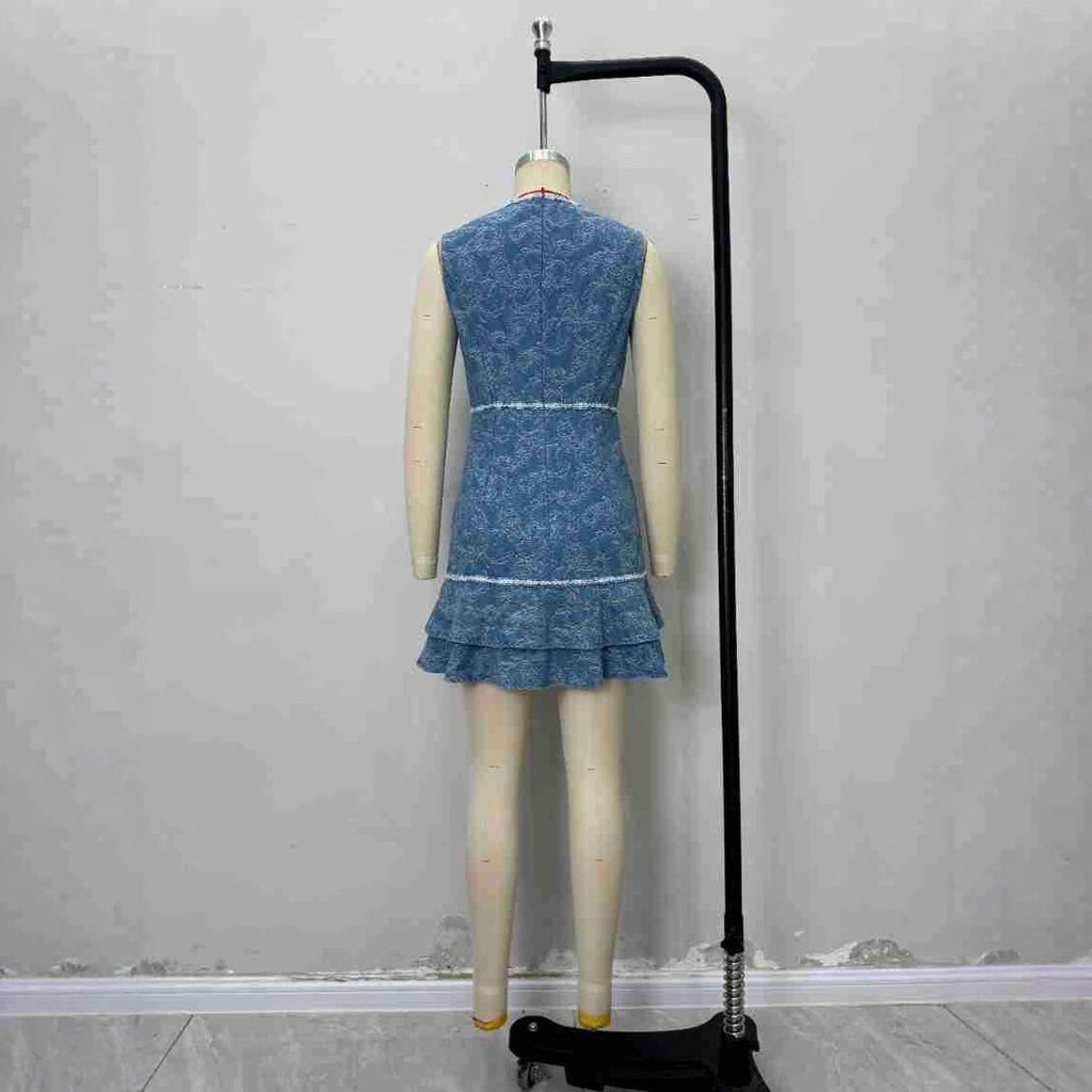 Sleeveless blue and white print element denim blue dress
