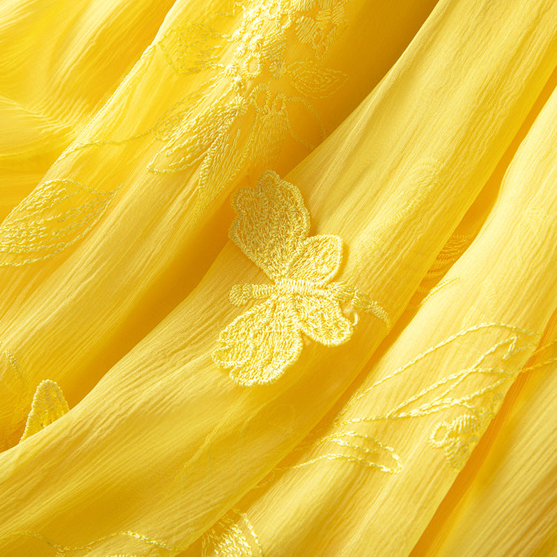 Embroidered Silk Patchwork High-Waisted Flared Yellow Midi Skirt
