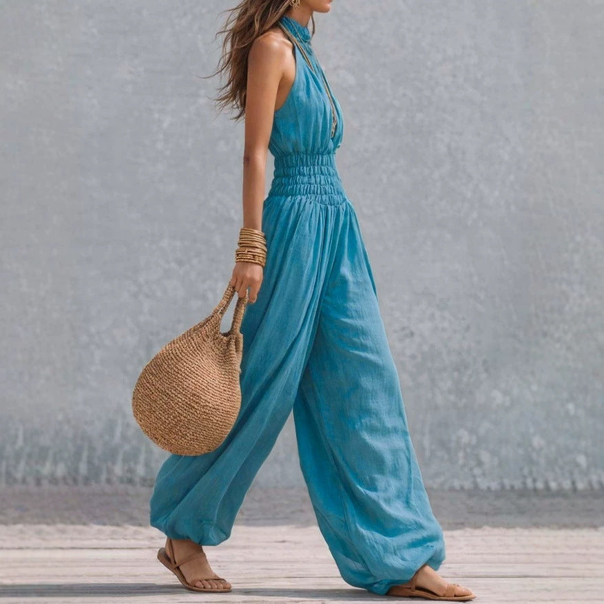 Casual style sleeveless hanging neck lantern pants jumpsuit for women