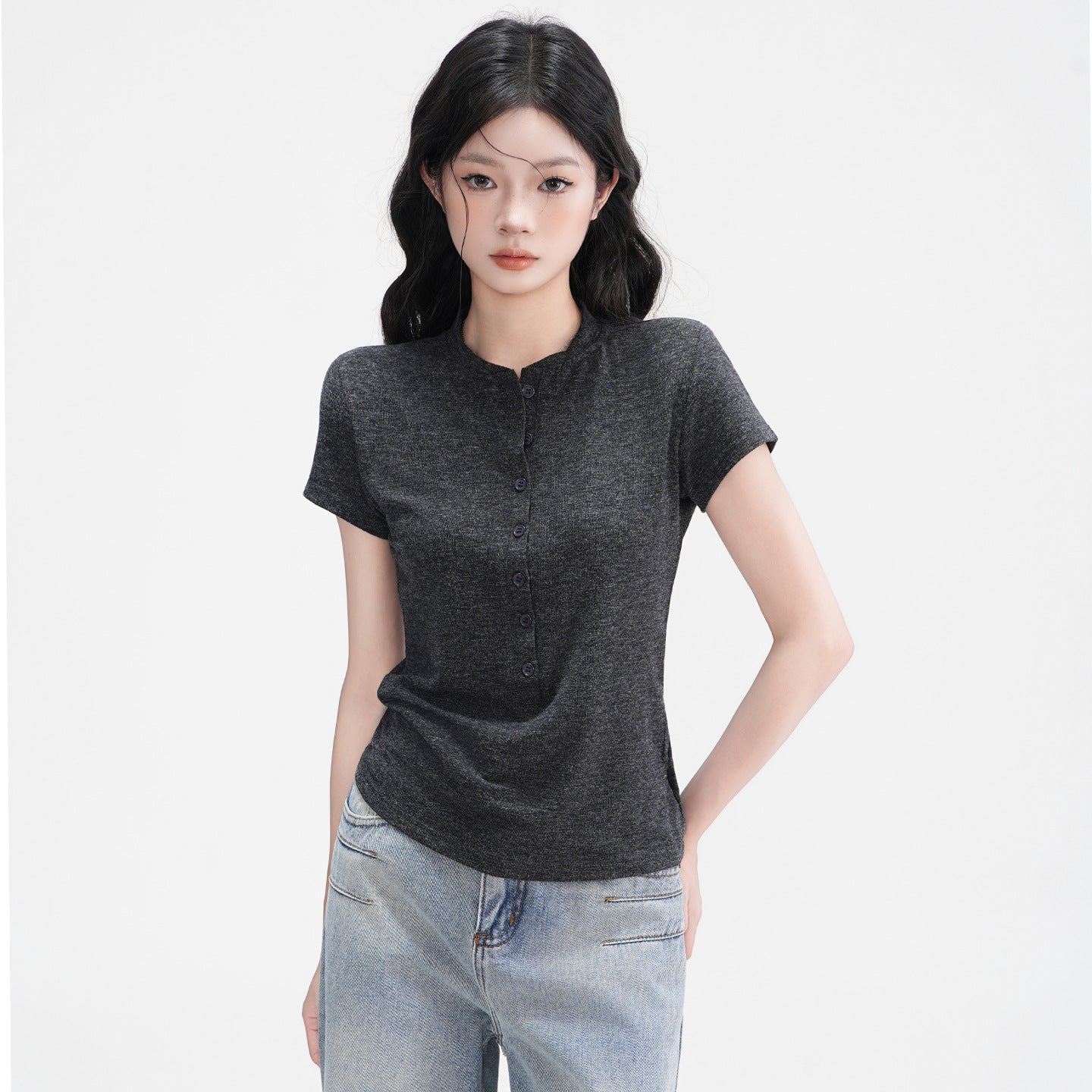 Elegant Half-Open Collar Buttoned Shoulder Design Short Sleeve T-Shirt for Women