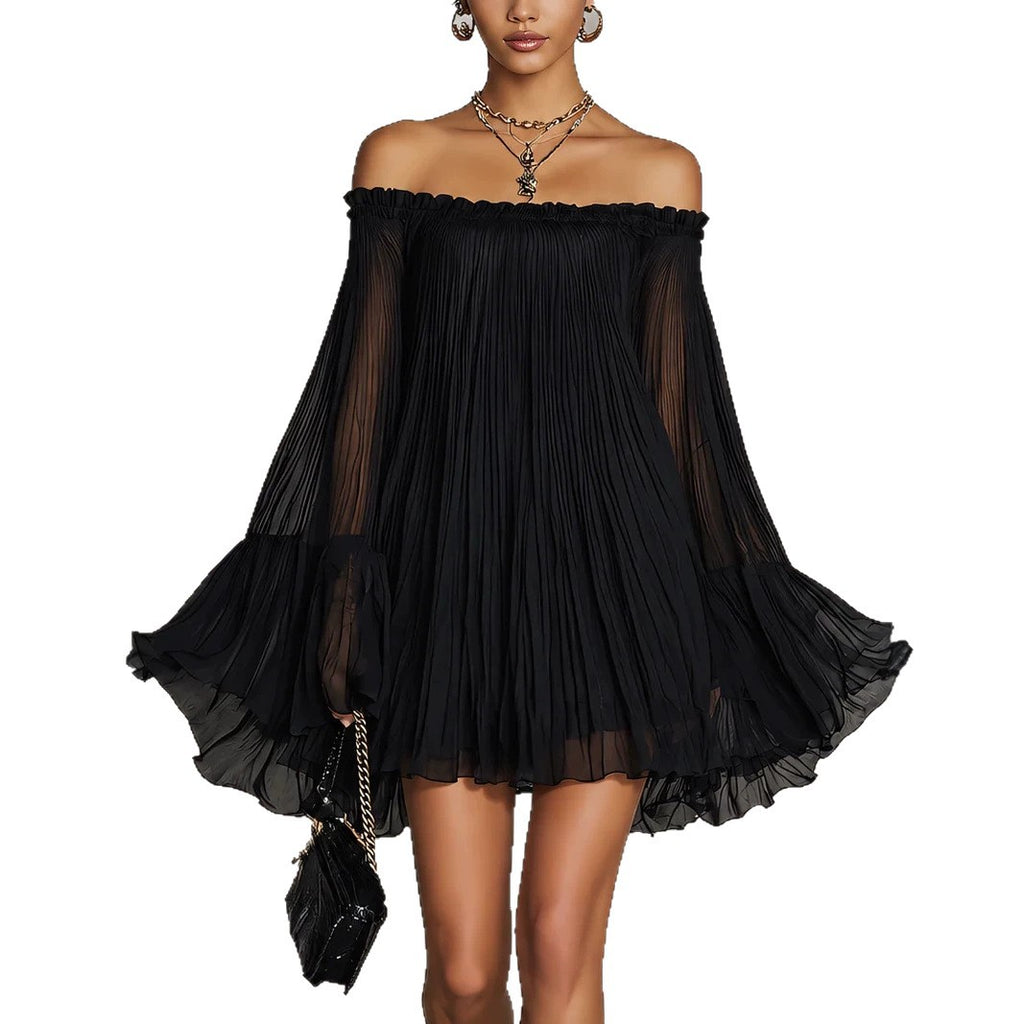 Elegant Black Off-Shoulder Backless Pleated Lantern Sleeve Mini Dress