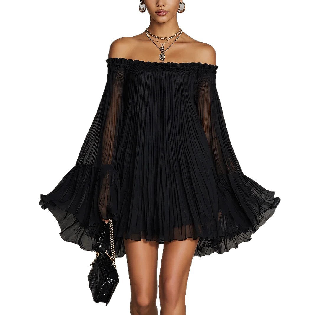 Elegant Black Off-Shoulder Backless Pleated Lantern Sleeve Mini Dress