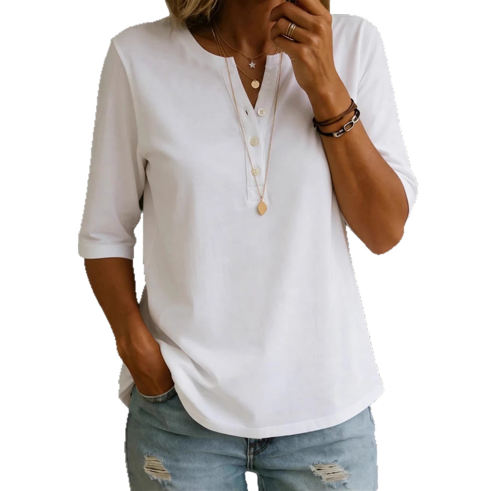 Classic Henley Neck Style Spring Summer New Women's Solid Color Button-Up Top