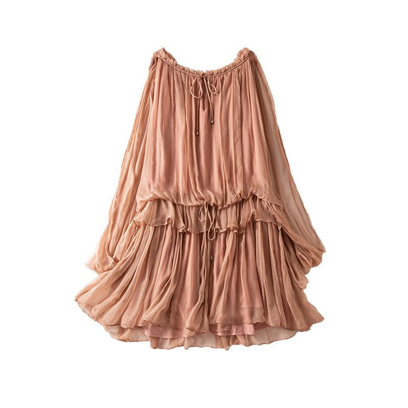 Ruffled Silk Long Sleeve Dress, Youthful Cinnamon Pink Beach Vacation Mulberry Silk Sarong Dress