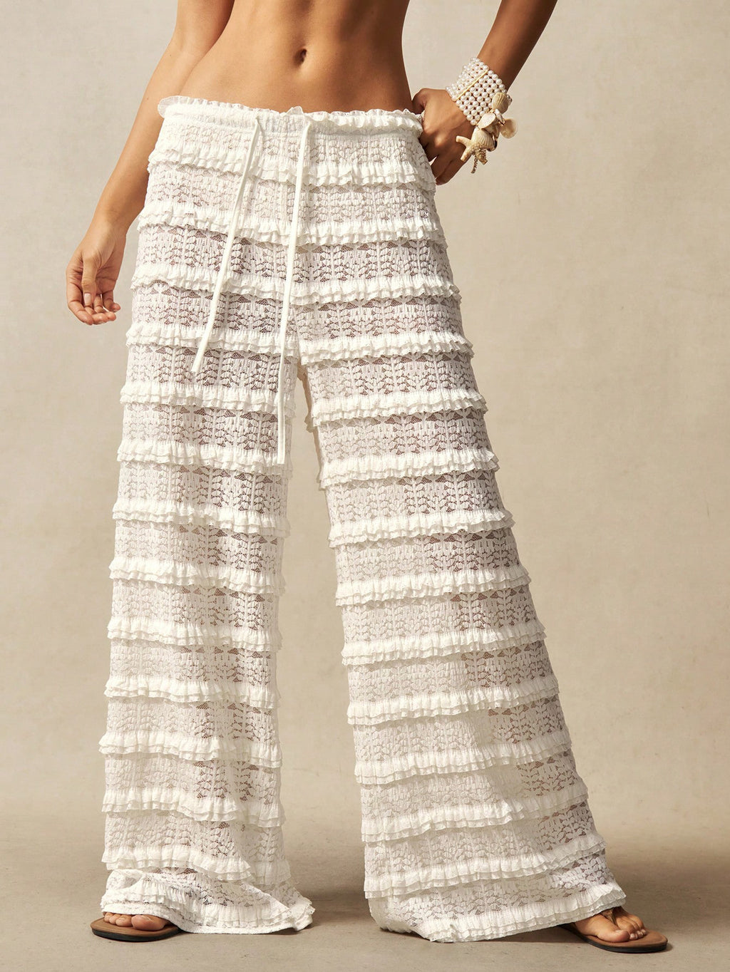 Streetwear Casual Solid Color Lace Jacquard Hollow-out Patchwork Tie-up Straight Leg Pants