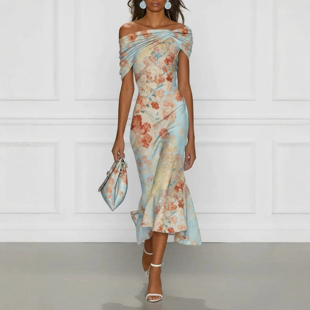 Digital Print Off-Shoulder Short Sleeve Floral Elegant Long Dress