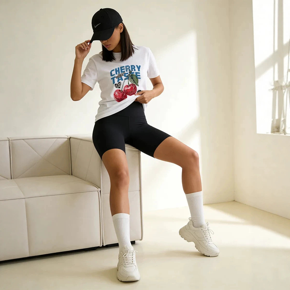 Cherry letter printed pure cotton T-shirt