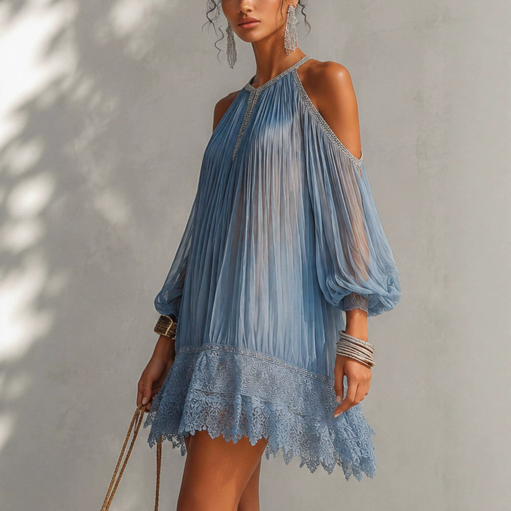 Flared Chiffon Dress with Ruffles and Lace Hem, Loose Fit with Bubble Sleeves, Vacation Beach Skirt