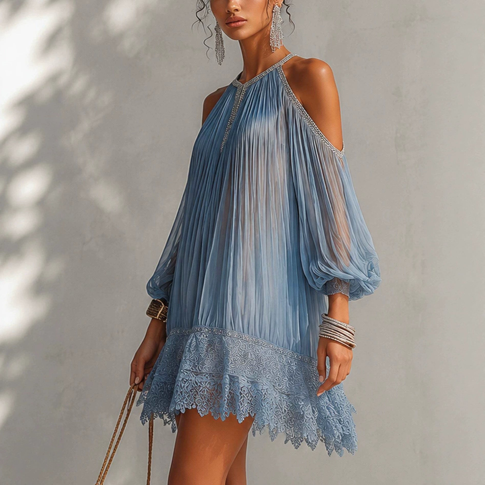 Flared Chiffon Dress with Ruffles and Lace Hem, Loose Fit with Bubble Sleeves, Vacation Beach Skirt