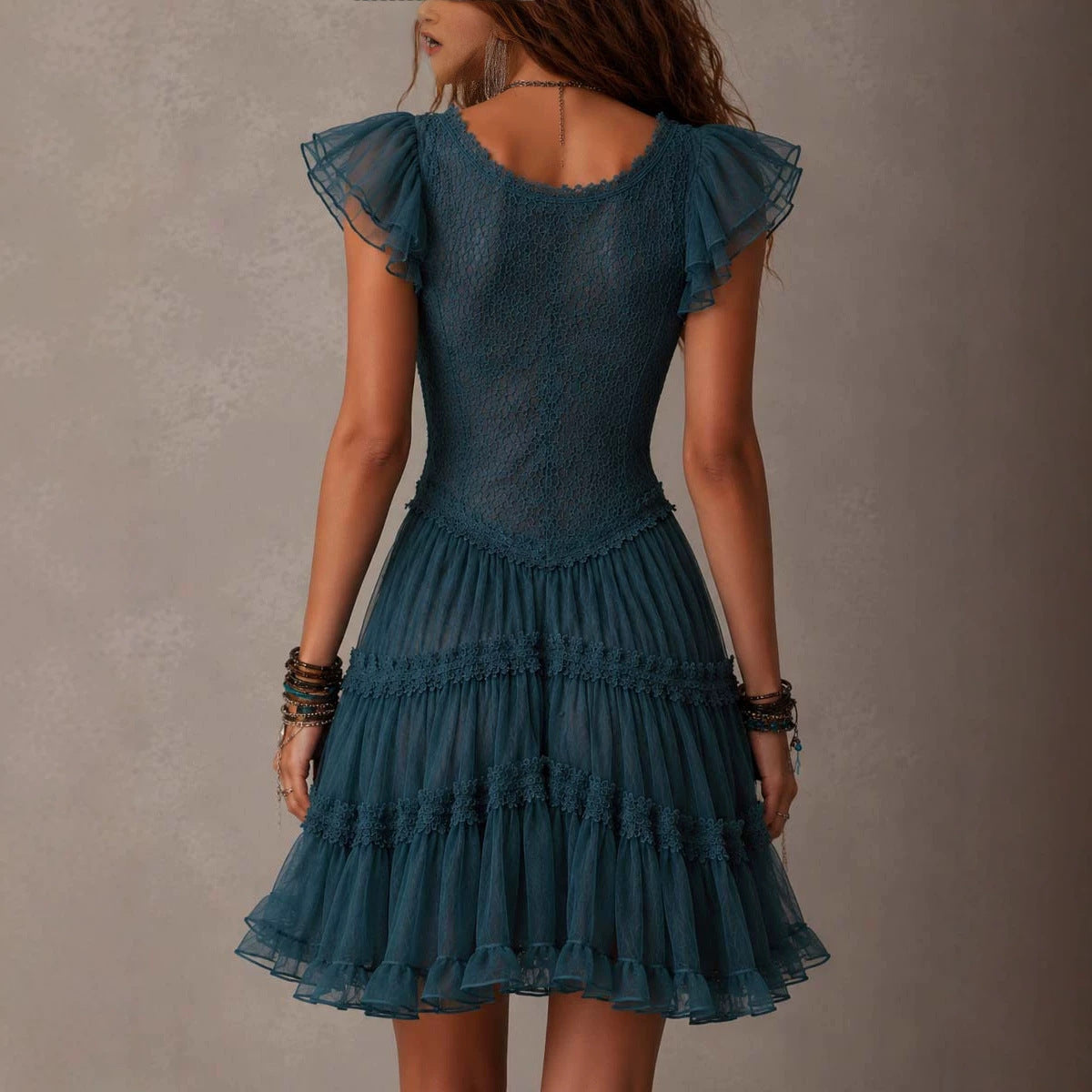 Lace Flutter Sleeve Dress for Women, Fitted Waist with Tie Strap, Layered Tulle Cake Mini Skirt