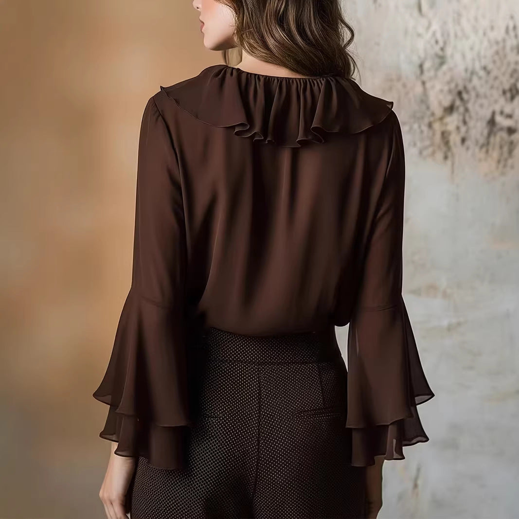 Charming Ruffle Blouse for Women, V-Neck Long Sleeve Shirt Elegant Style Feminine Top