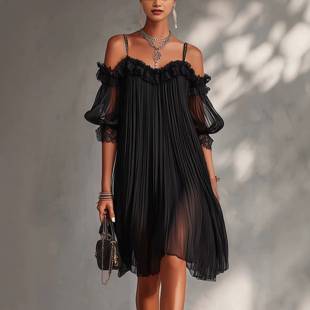 Sexy Sheer Lace Spliced Strap Solid Color Backless Dress