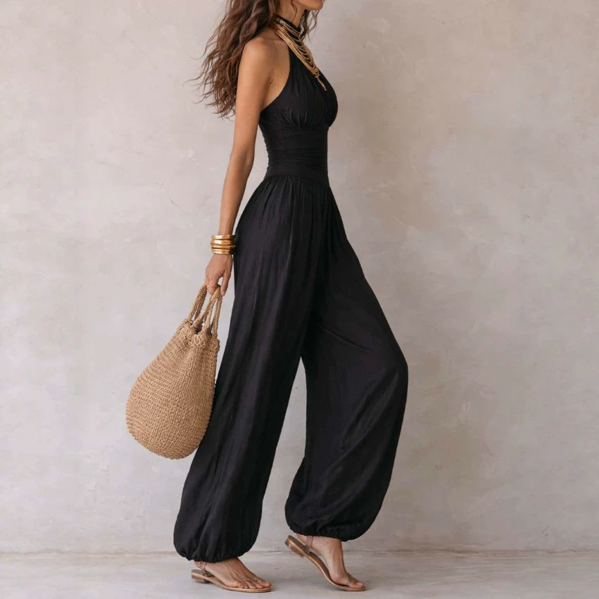 Sleeveless hanging neck backless high waisted jumpsuit