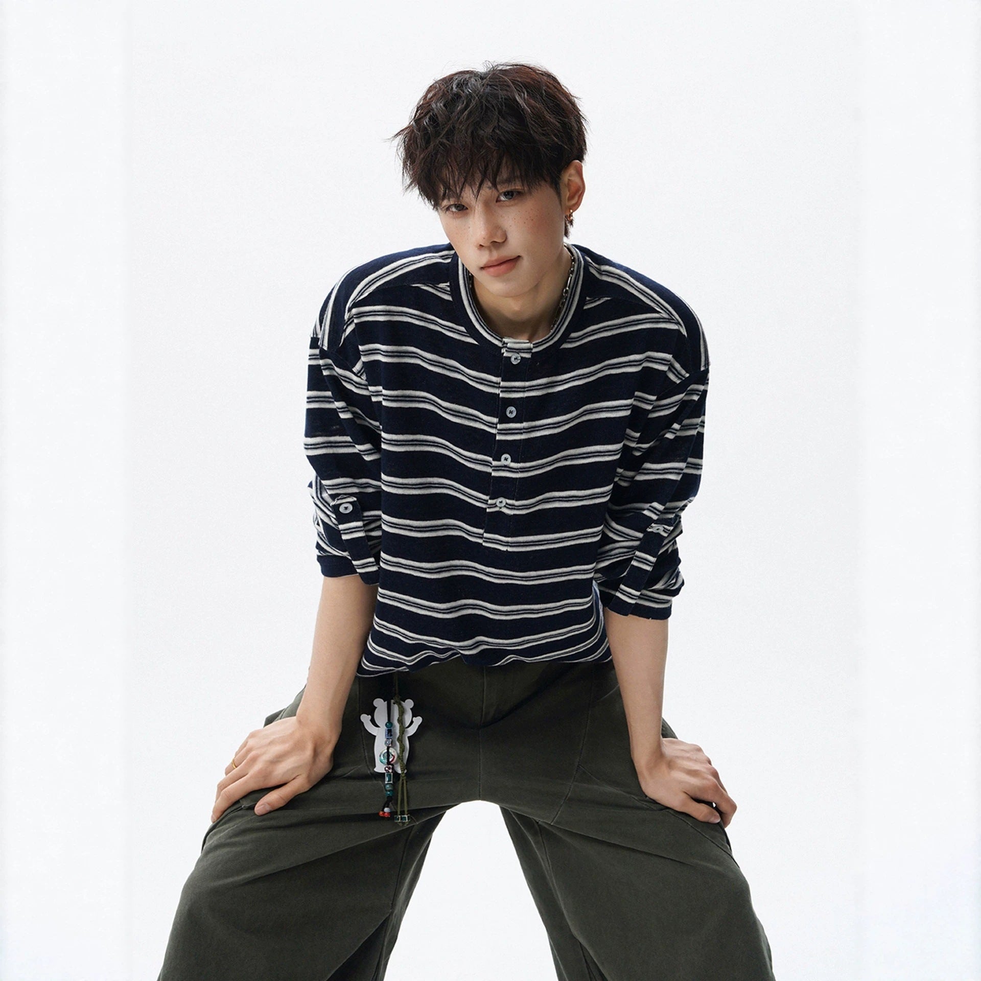 Black and White Stripe Henley Neck Long Sleeve T-Shirt