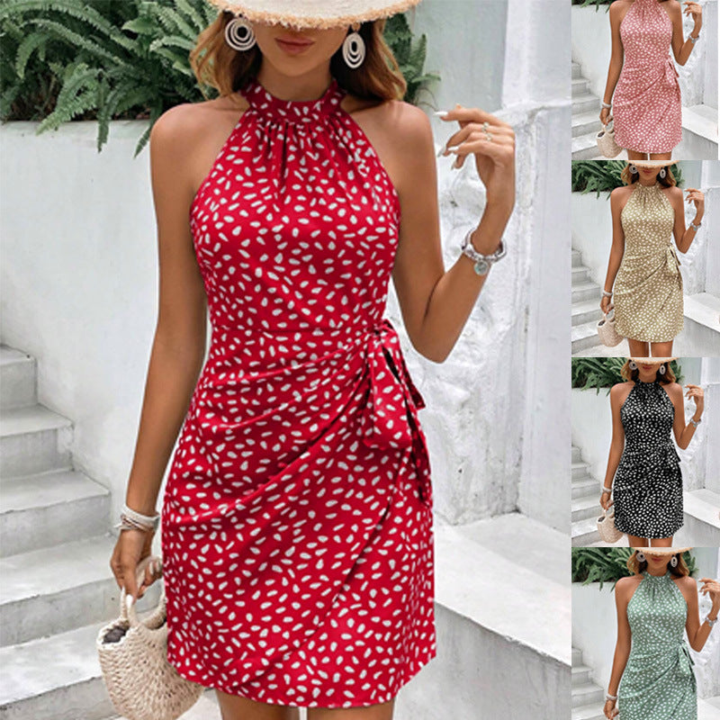 Summer Fashion Sleeveless Floral Ruched Mini Dress with Halter Neck and Zipper