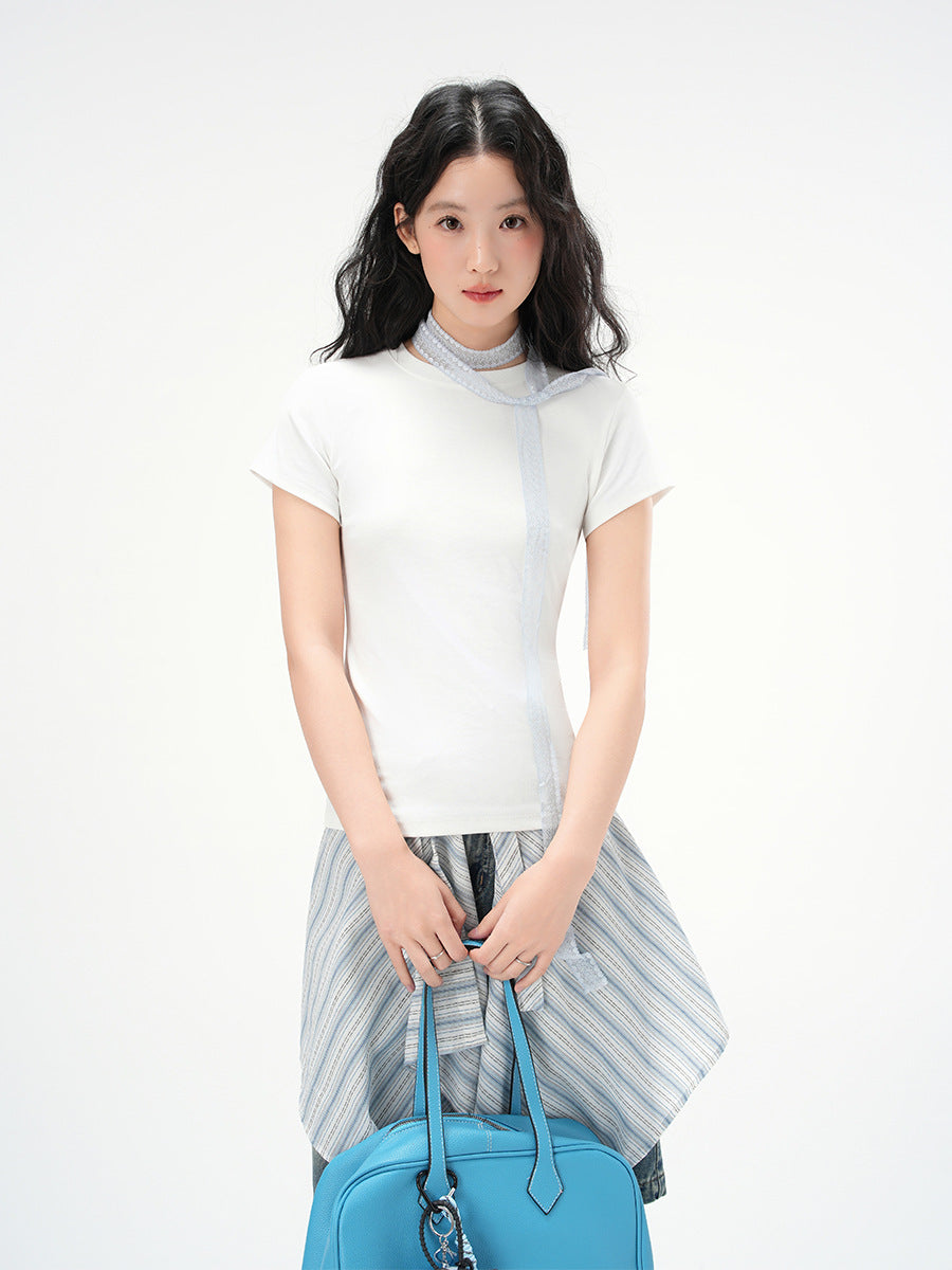 Round Neck Basic Cotton Fitted Short Sleeve T-Shirt for Women