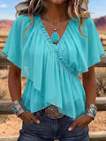 Style Cross V-Neck Pleated Ruffle Flare Sleeve Chiffon Top with Waist-Cinching Irregular Hem Slim Fit Blouse