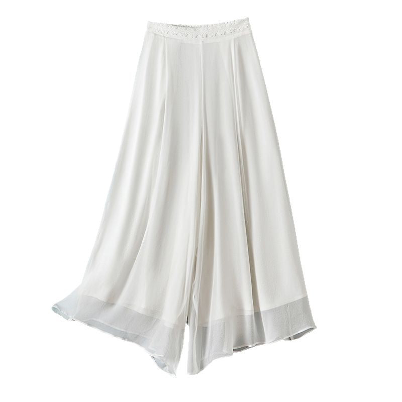 Loose Comfortable Breathable Lightweight Flowy Silk Wide-Leg Pants with Lace Trim at Waistline Casual Trousers