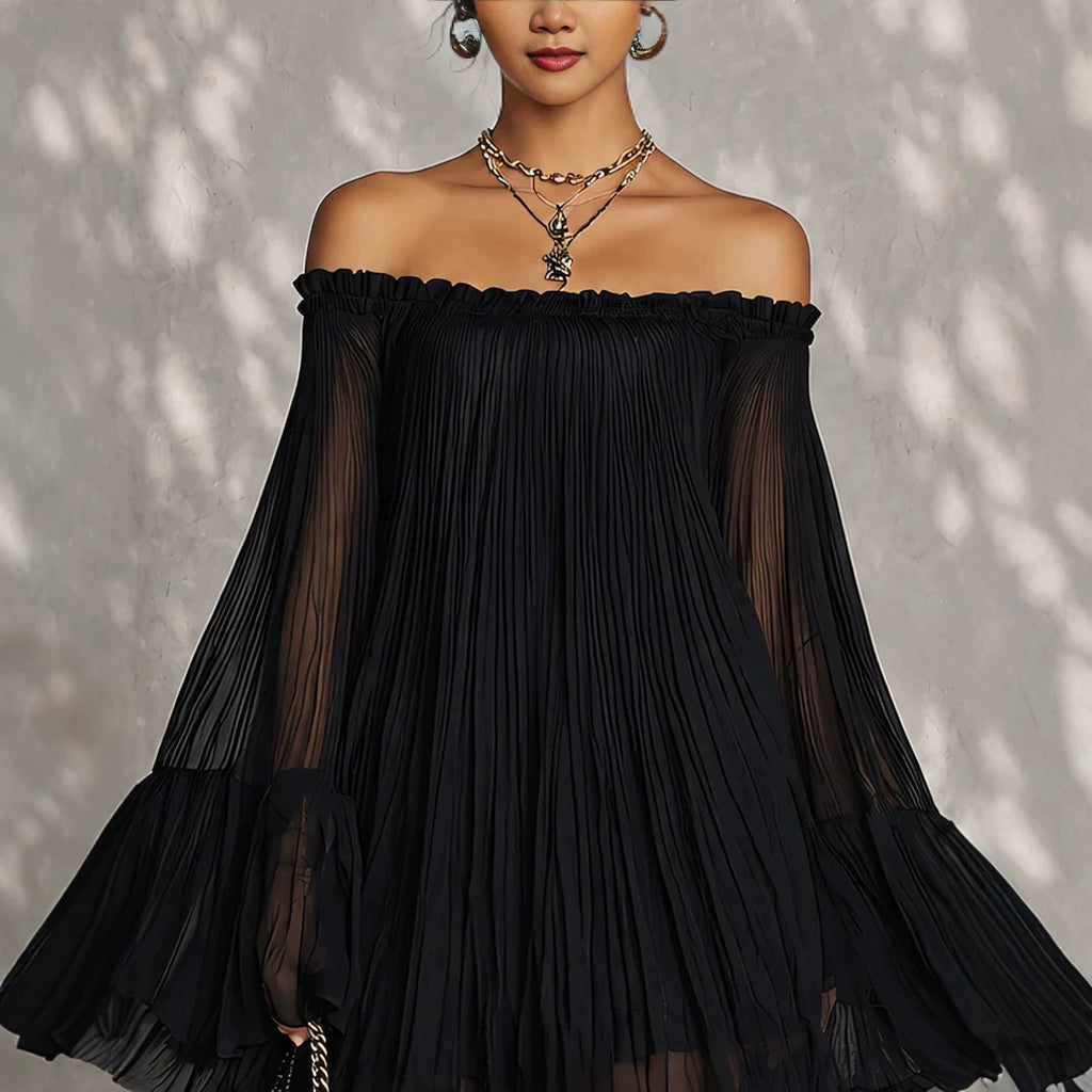 Elegant Black Off-Shoulder Backless Pleated Lantern Sleeve Mini Dress