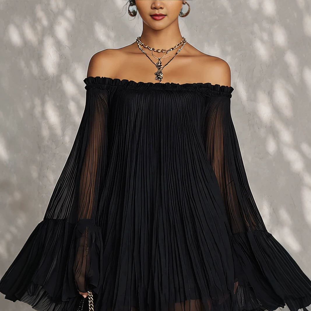 Elegant Black Off-Shoulder Backless Pleated Lantern Sleeve Mini Dress